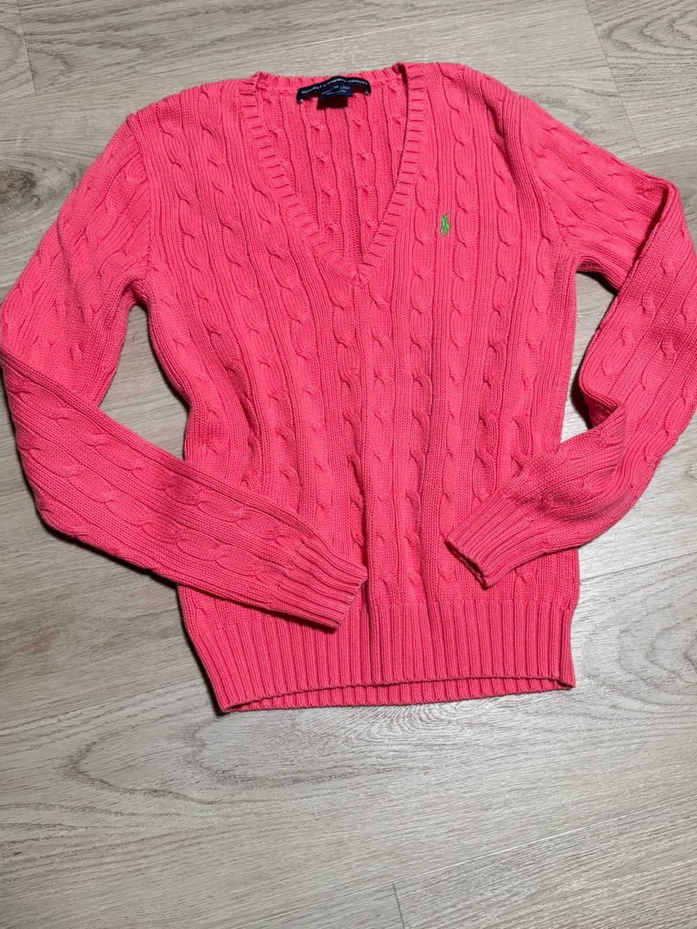 Ralph Lauren Coral-Pink Cable Knit V-Neck Sweater